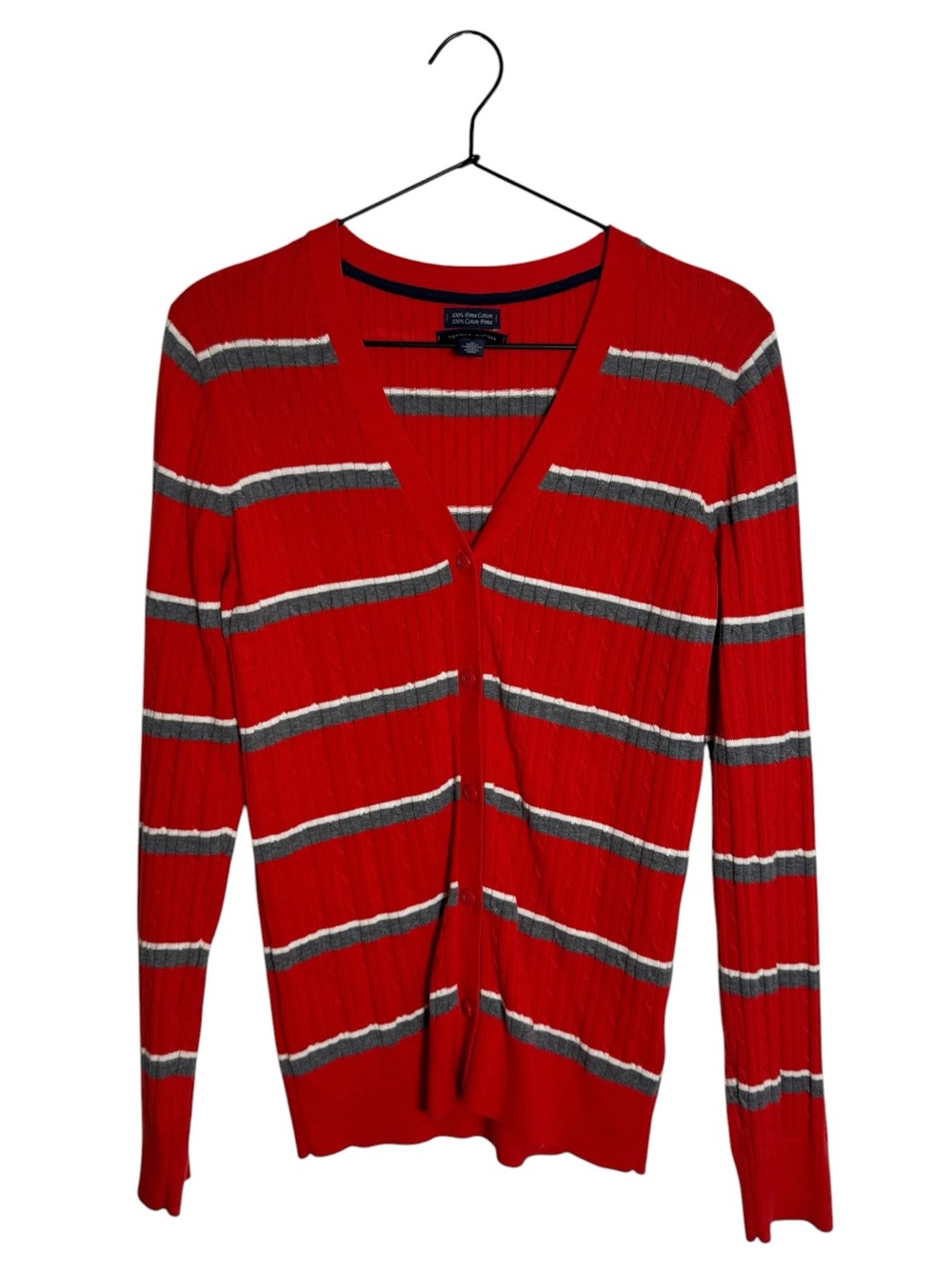 Tommy Hilfiger Red Striped Pima Cotton Cable Knit Cardigan Sweater Size Medium